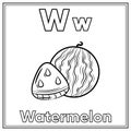 English Alphabet letter W learning card with cute watermelone sketch for coloring