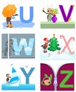 English alphabet letters for learning umbrella, window, xmas, yacht, vase, zip lock
