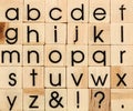 English alphabet lowercase, background of isolated wood letterpress printing blocks Royalty Free Stock Photo