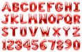 English alphabet and numbers made of red inflatable helium balloons isolated on white. Red foil balloon font, full alphabet set of Royalty Free Stock Photo