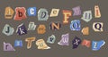 English alphabet. Printed letters from scraps of paper, magazines and newspapers. Vector isolated elements for collage