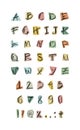 The font is hand drawn. Set of letters of the English alphabet, numbers, signs. Vector color isolated illustration. Royalty Free Stock Photo