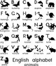 English alphabet with silhouettes of different cartoon animals and titles for children education Royalty Free Stock Photo