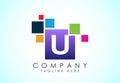 English alphabet U with data pixel. Creative technological modern data pixel logo