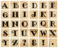 English alphabet uppercase, collage of isolated wood letterpress