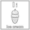 English Alphabet letter I learning card with cute ice cream sketch for coloring Royalty Free Stock Photo