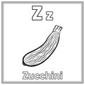 English Alphabet letter Z learning card with cute zucchini sketch for coloring