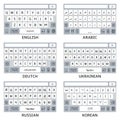 English, Arabic, Germany, Ukrainian, Korean and Russian smartphone virtual keyboards Royalty Free Stock Photo