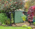 English back garden with Shed and lamp Royalty Free Stock Photo