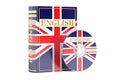 English book with flag of UK and CD disk, 3D rendering