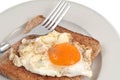 Fried egg on a slice of sandwich bread in a plate with a fork close-up on a white background Royalty Free Stock Photo