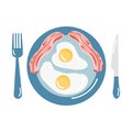 English breakfast - delicious bacon, scrambled eggs on a blue plate. Fried eggs with bacon on a plate. Vector Royalty Free Stock Photo