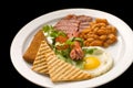 English breakfast: fried egg, bacon, beans and toast on a plate Royalty Free Stock Photo