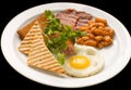 English breakfast: fried egg, bacon, beans and toast on a plate Royalty Free Stock Photo