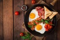 English breakfast - fried egg, beans, tomatoes, mushrooms, bacon and toast. Royalty Free Stock Photo