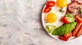 English breakfast. Fried egg, sausage, bacon, avocado, beans and toast on white background Top view, overhead, banner Royalty Free Stock Photo