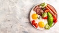 English breakfast. Fried egg, sausage, bacon, avocado, beans and toast on white background Top view, overhead, banner Royalty Free Stock Photo