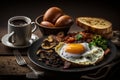 English breakfast with fried egg, sausages, mushrooms and bread. Generative AI