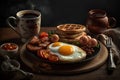 English breakfast with fried eggs, bacon, sausages and coffee