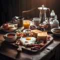 English breakfast with fried eggs, sausages, bacon, toast, coffee, fruits and vegetables