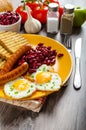 English breakfast - garlic toast, fried egg, beans and English breakfast, toast, egg, beans, sausages Royalty Free Stock Photo