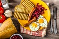 English breakfast - garlic toast, fried egg, beans and English breakfast, toast, egg, beans, sausages Royalty Free Stock Photo