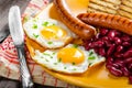 English breakfast - garlic toast, fried egg, beans and English breakfast, toast, egg, beans, sausages Royalty Free Stock Photo