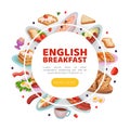 English breakfast landing page. Traditional tasty dishes web banner, website cartoon vector