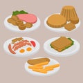 English breakfast, lunch and dinner sausage, egg, becon and beans. Meat and sandwich. Fish and chips, pastry and pudding Royalty Free Stock Photo