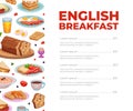 English breakfast menu template. Restaurant or cafe menu layout brochure decorated with traditional tasty breakfast