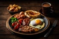 English Breakfast Plate And Coffee Cup On Wooden Background - Generative AI Royalty Free Stock Photo