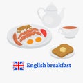 English breakfast plate with sausage, egg, becon, tomato and beans. Traditional tea and toasted bread. London cafe menu