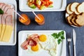 English Breakfast with scrambled eggs and bacon, carrot juice, b Royalty Free Stock Photo