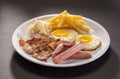 English breakfast set with eggs, pork slice, french fries and mushrooms in white plate