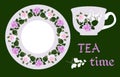 English breakfast. Vector illustration with cup of tea and hand drawn floral ornament on saucer. Rose and bell flowers Royalty Free Stock Photo