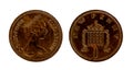 English bronze one penny of 1971 with the image of Queen Elizabeth II in the crown on the obverse and the bars on the