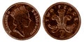 English bronze twopence from 1997 with the image of Queen Elizabeth II in the crown on the obverse and three ostrich