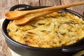 English Bubble and Squeak of baked mashed potatoes with cabbage and brussels sprouts close-up in a pan Royalty Free Stock Photo