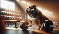 English Bulldog Breed Lifting Weights in Gym