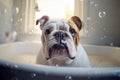 English Bulldog dog being washed in bath tube. Royalty Free Stock Photo