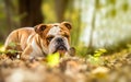 English bulldog dog in forest Royalty Free Stock Photo