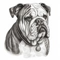 English Bulldog, engraving style, close-up portrait, black and white drawing, cute companion dog, Royalty Free Stock Photo