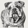 English Bulldog, engraving style, close-up portrait, black and white drawing, cute companion dog, Royalty Free Stock Photo
