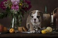 English Bulldog puppy on the table with flowers Royalty Free Stock Photo