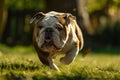 English bulldog running and playing in the woods Royalty Free Stock Photo