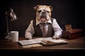 English bulldog sitting at a desk with books and a lamp on a dark background. Anthropomorphic animals concept Royalty Free Stock Photo