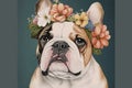 English bulldog with a wreath of flowers on his head close-up watercolor illustration.