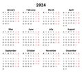 2024 english calendar, horizontal. Week starts monday. Somple vector illustration