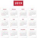 2019 English calendar in red and white Royalty Free Stock Photo