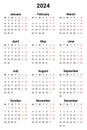 2024 english calendar, vertical. Week starts monday. Somple vector illustration